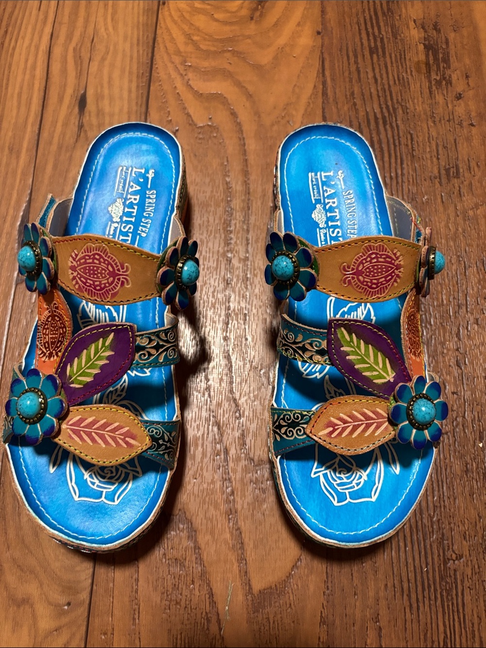 L'ATISTE Turquoise Blue Floral Leaf Leather Kids Sandals